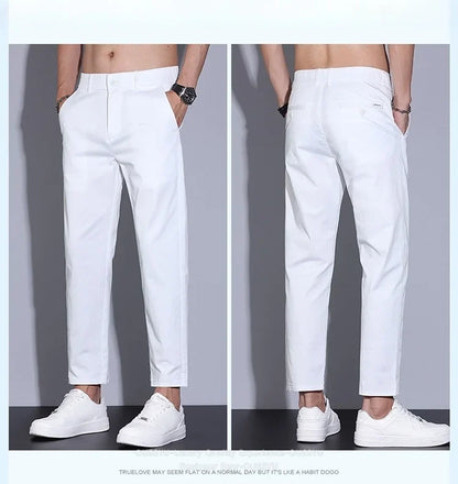 High Quality Summer Men's White Ankle Length Casual Pants 97%Cotton Breathable Straight Business Slim Work Chino Trousers Man