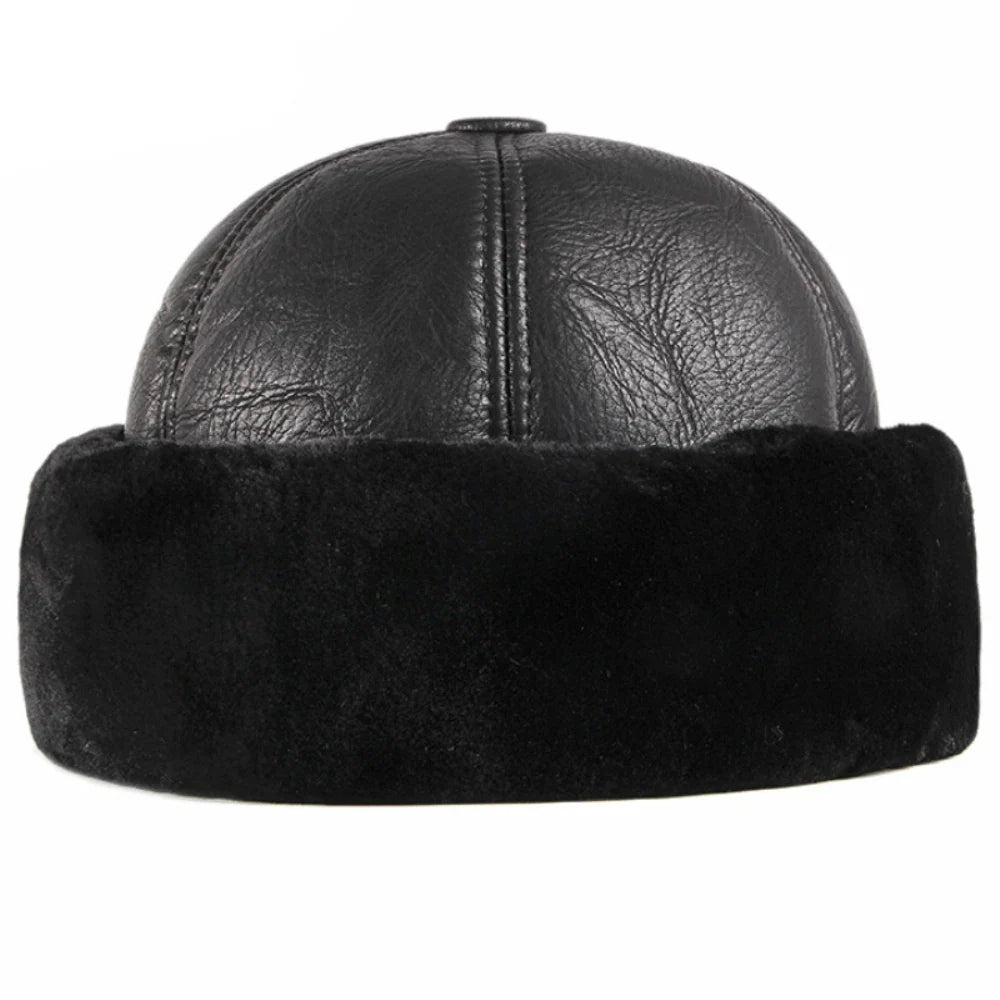 High Quality Autumn Winter Cap Hat PU Leather Thick Warm Pilot Hat Solid Black Fleece Lined Russian Cap 6 Panels Fur Hat