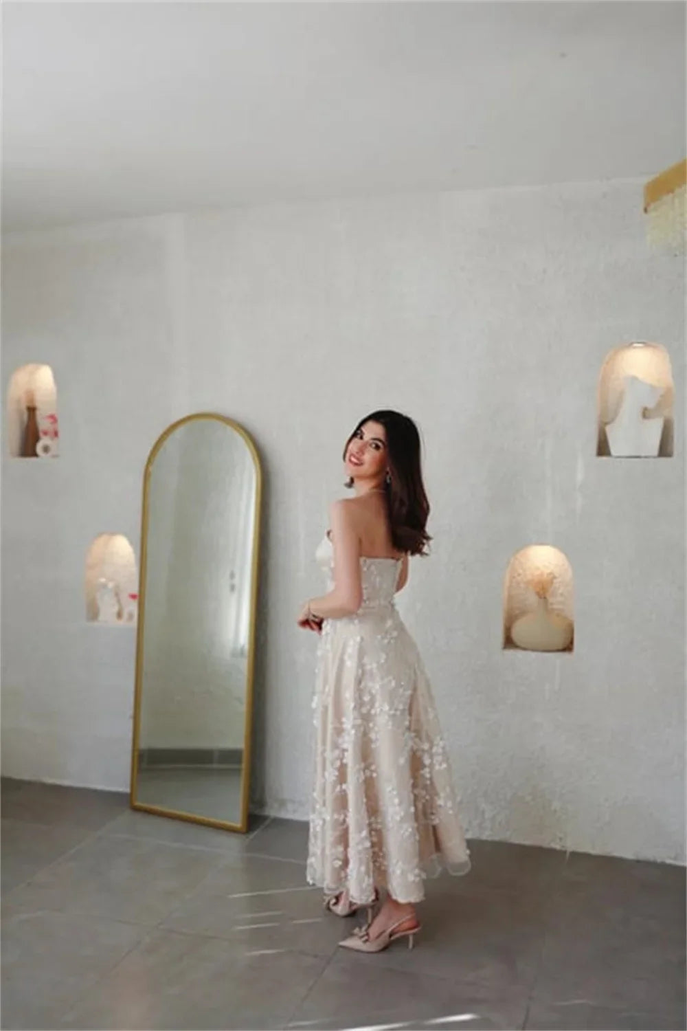 Champagn Tulle Evening dresses Off the Shoulder A-line Vestidos De Fiesta Elegant Long Sleeves Ankle-length  فساتين سهرة