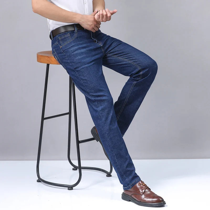 2025 New Light Blue Men's Comfort Soft Jeans Fashion Straight Business Pants Cotton Soft Casual Stretch Denim Trousers 28-40