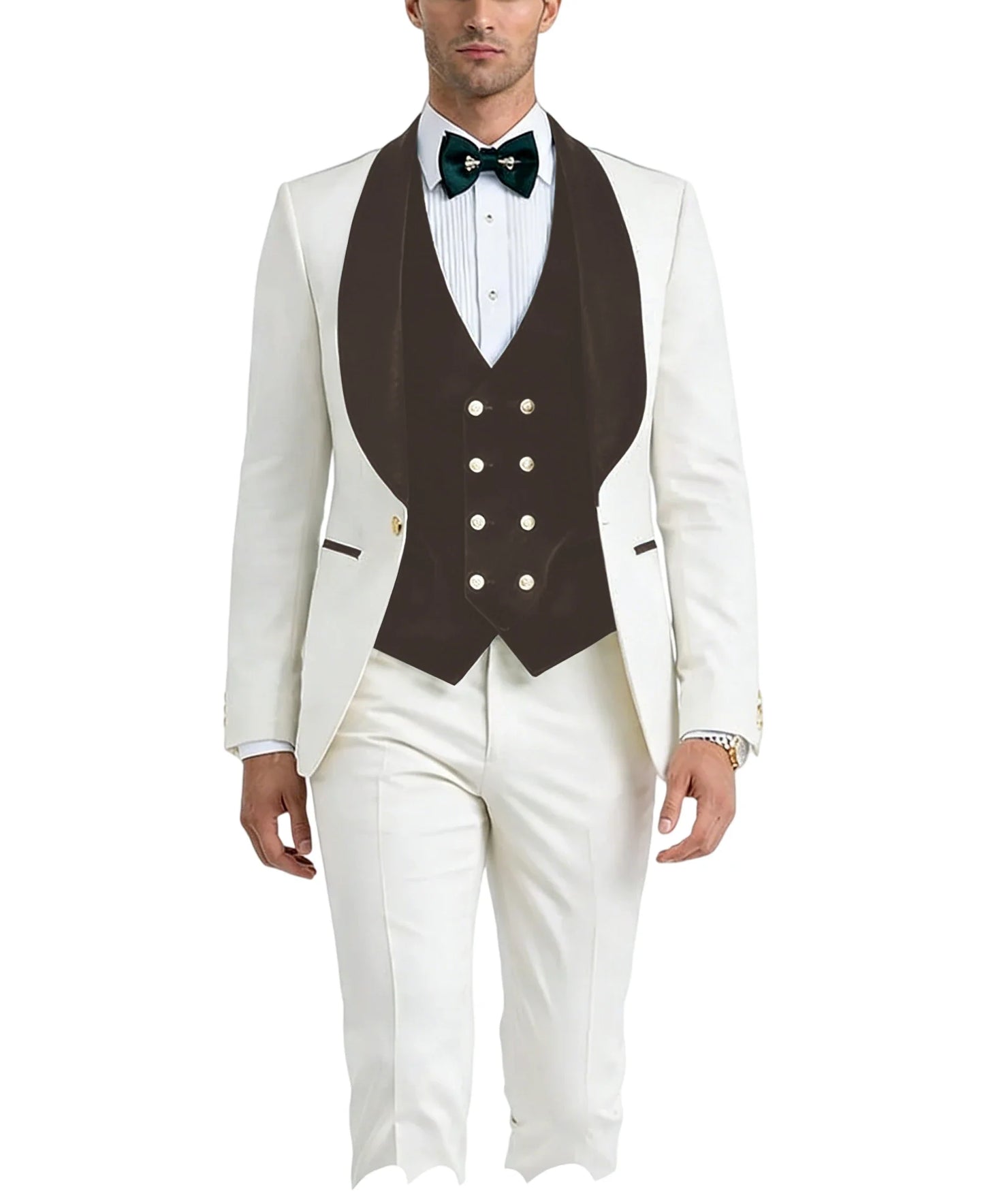Men White Tuxedo Suit 3 Piece Shawl Lapel Slim Fit 1 Button Velvet Collar Patched Blazer Vest Pants Set for Wedding Party Groom
