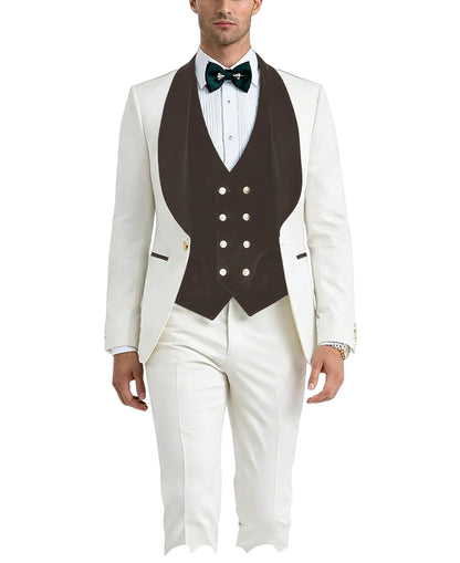 Men White Tuxedo Suit 3 Piece Shawl Lapel Slim Fit 1 Button Velvet Collar Patched Blazer Vest Pants Set for Wedding Party Groom