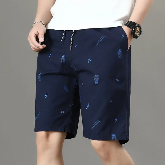 Men's Cotton Shorts Print Casual Shorts Travel Bermuda Shorts Elastic Waist Golf Shorts