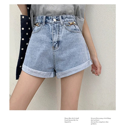 Summer 2024 Denim Shorts Women High Waisted Wide Leg Loose Crimping Blue Jeans Sequined Jean Shorts Female