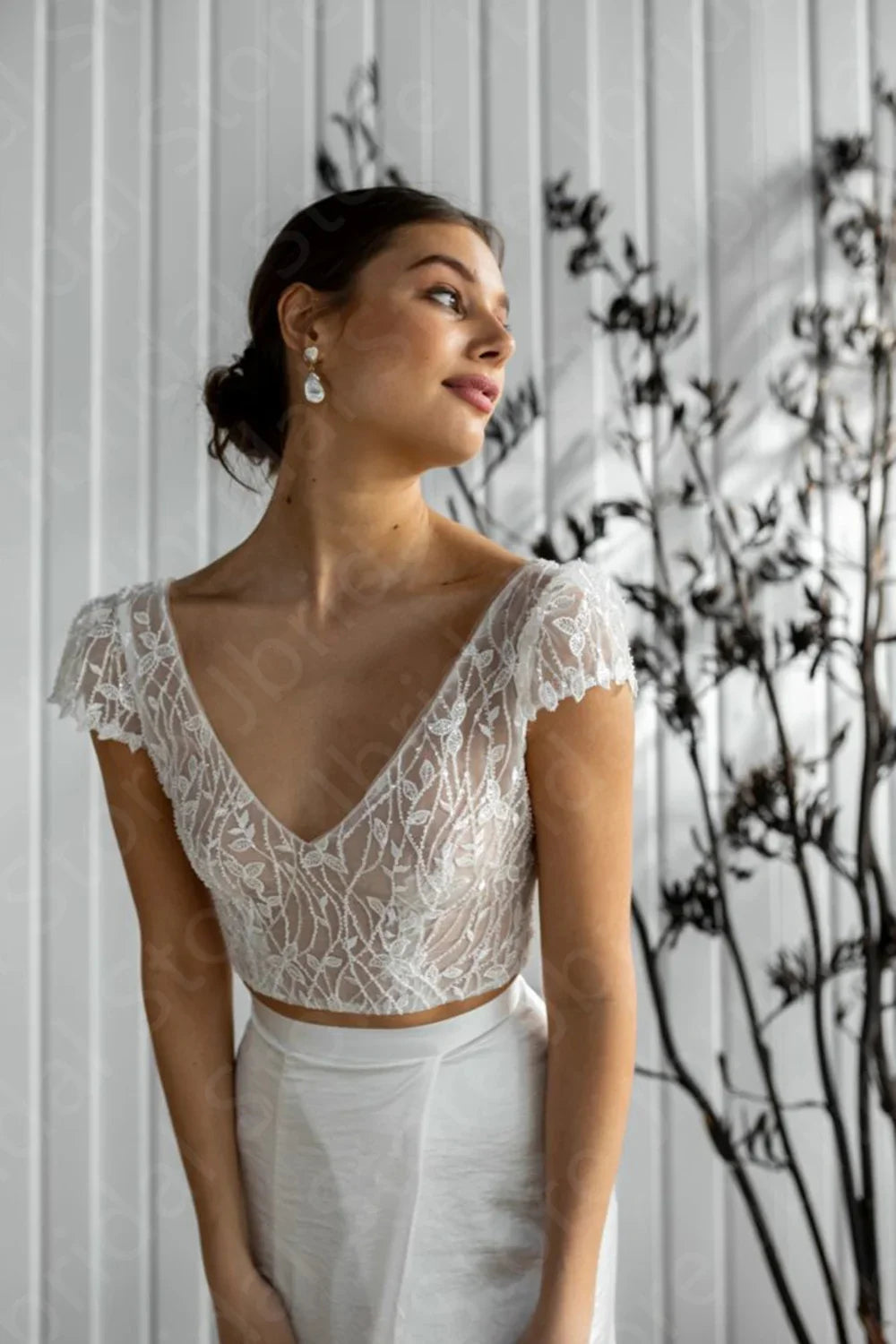 Customized Summer Wedding Dress Two Pieces Bridal Gowns Boho Lace Bride Dresses Cap Sleeves Wedding Gowns Side Slit Back Out