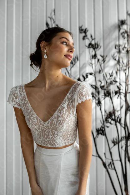 Customized Summer Wedding Dress Two Pieces Bridal Gowns Boho Lace Bride Dresses Cap Sleeves Wedding Gowns Side Slit Back Out