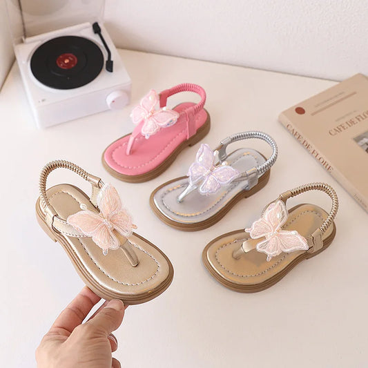 Korean Style Little Girl Sandal Clip-toe Children's Princess Beach Slippers Sweet Lace Butterfly Kids Fashion Flat Sandals New