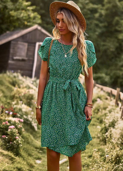 Summer O Neck Casual Printd Women Strap High Waist Pleated Floral Dress