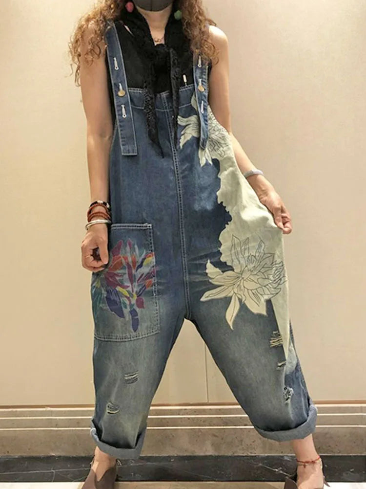 2025 Females Fashion Overalls Ladies Summer Printed Denim Pantalons Vintage Casual Jeans Womens Loose Vintage Trousers