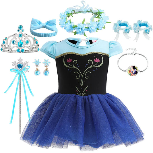 2026 Infants and Toddlers Classic Elsa Blue Short-Sleeved Princess Skirt Girl Cosplay Princess Anna Clothing + Accessories Set