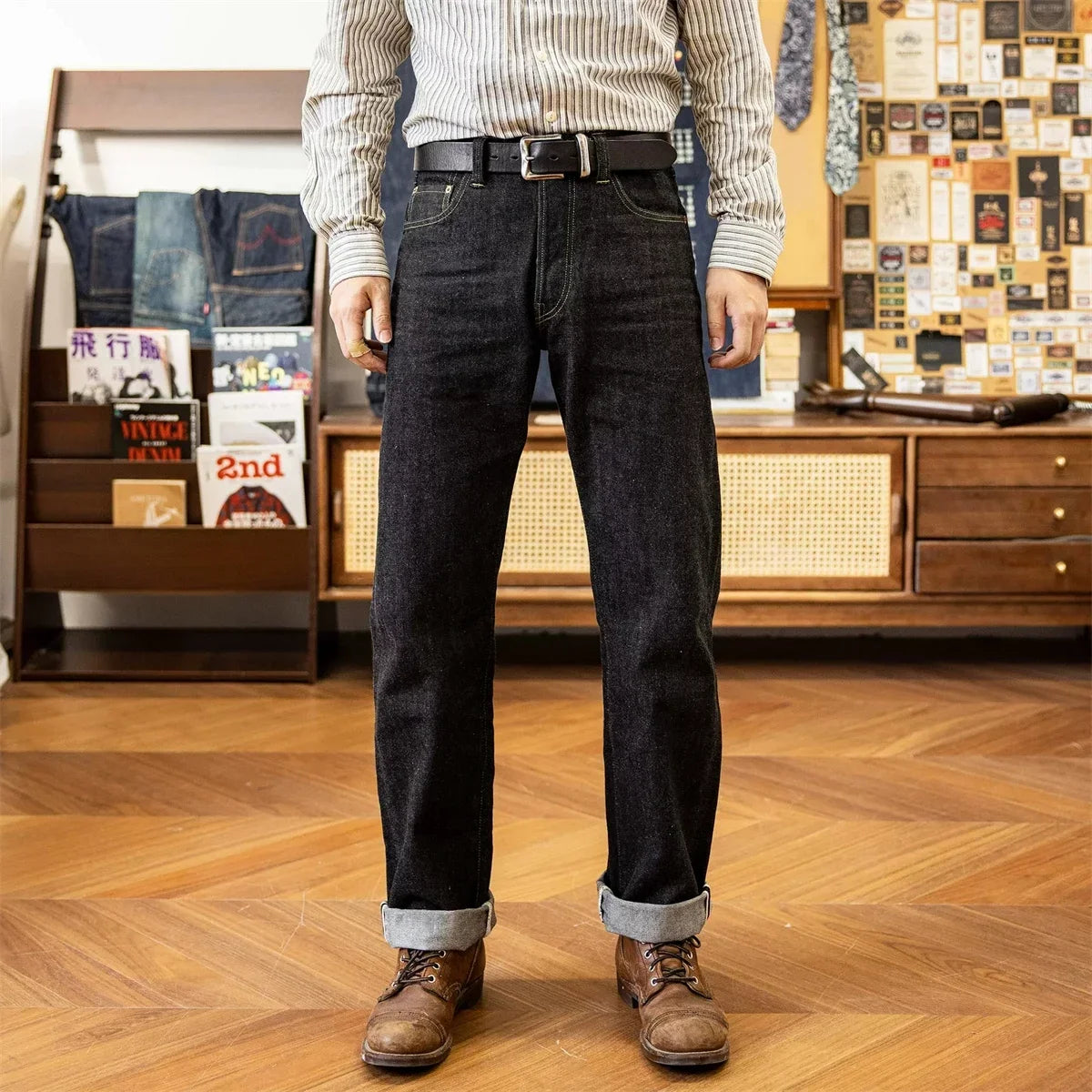 Black Jeans Straight Fit 14.5oz Selvedge Denim Pants Rinsed