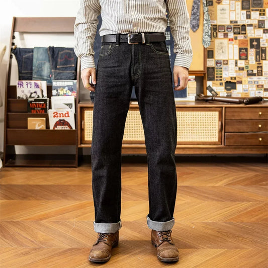 Black Jeans Straight Fit 14.5oz Selvedge Denim Pants Rinsed