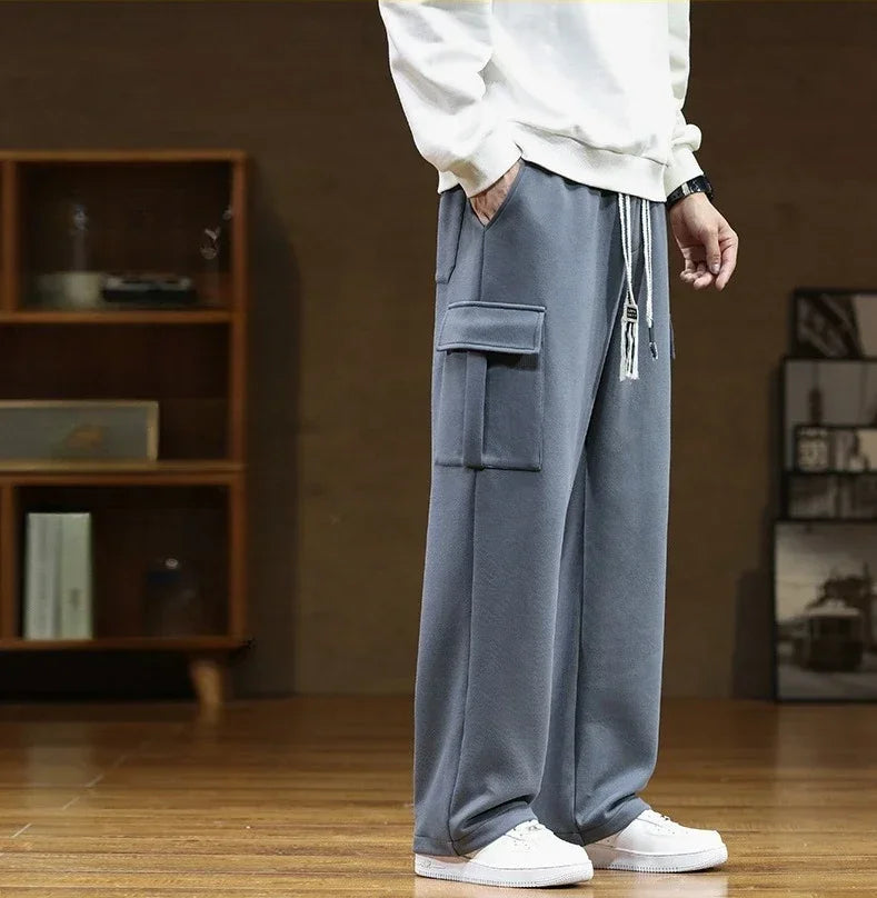 2026 New in Wide Leg Pants Men Autumn Straight Elastic Waist Baggy Cargo Trouser Male Relaxed Streetwear Sweatpant Plus Size Big