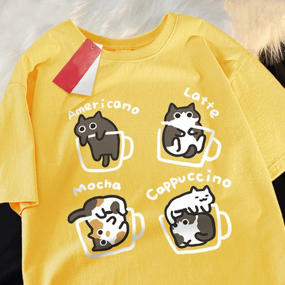 Cat Coffee Pure Cotton Trendy Summer Loose Short Sleeved T-shirt Men Women Original Mocha Latte Cat Three Flowers Fun Cat Tees