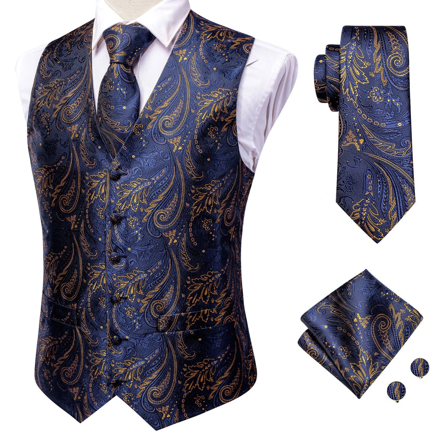 Adult Men's Vest for Suit Luxury Paisley Floral Plaid Suit Vest and Tie Set Blue Gold Red Sliver Wedding Vest Men