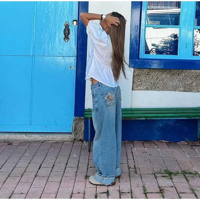 European and American Leopard Print Star Patch Jeans Street Women's High Waist Jeans Fashion Clothing Vintage Straight Trousers