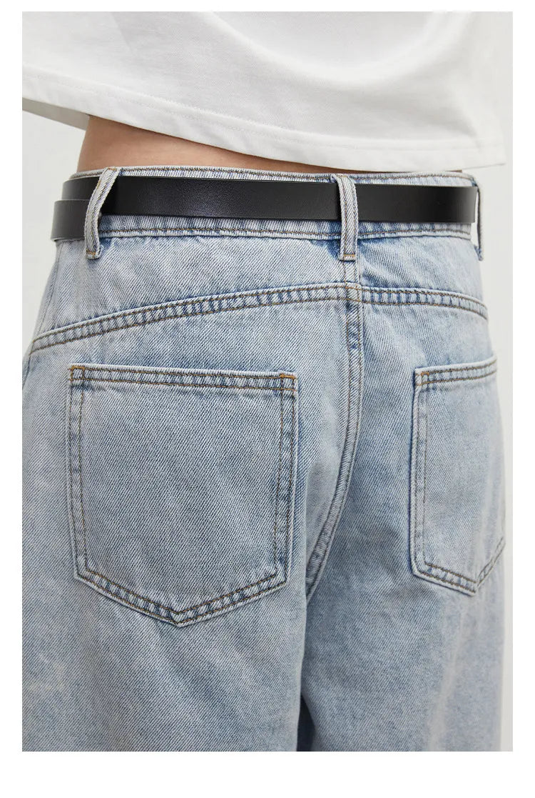 Fashion Women Shorts Mid-length Blue New Dividing Line Design Retro Washed Cotton Straight Leg Short Jeans Summer 2026
