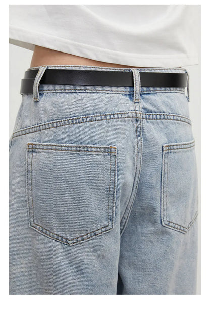 Fashion Women Shorts Mid-length Blue New Dividing Line Design Retro Washed Cotton Straight Leg Short Jeans Summer 2026