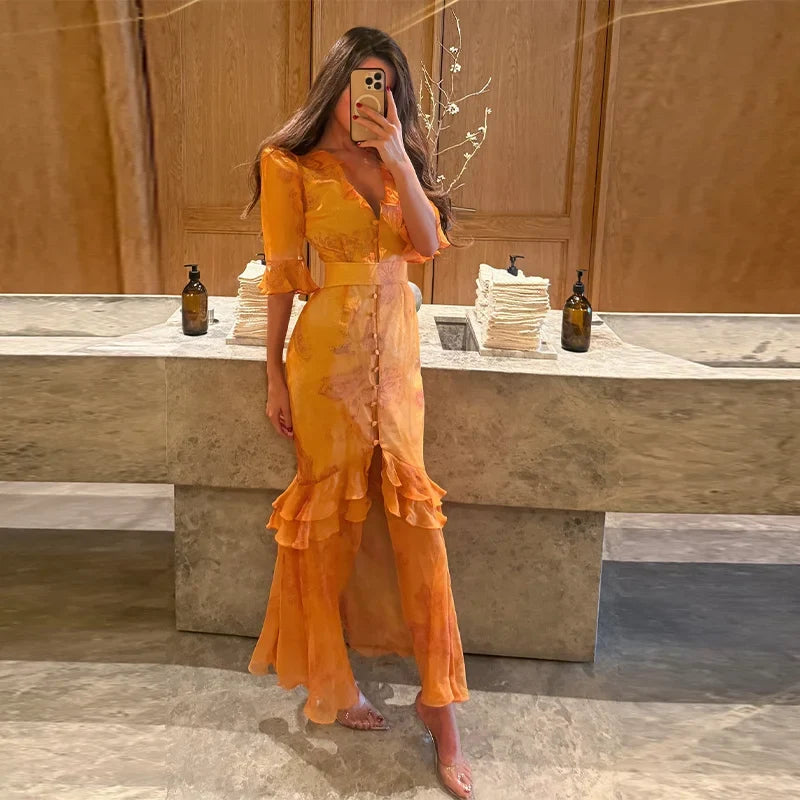 V-neck Organza Floral Chiffon Puff Sleeve Slit Long Dress Bodycon High Slit Bodycon Sexy Dresses Lady Chic Daily Sweet Date Robe