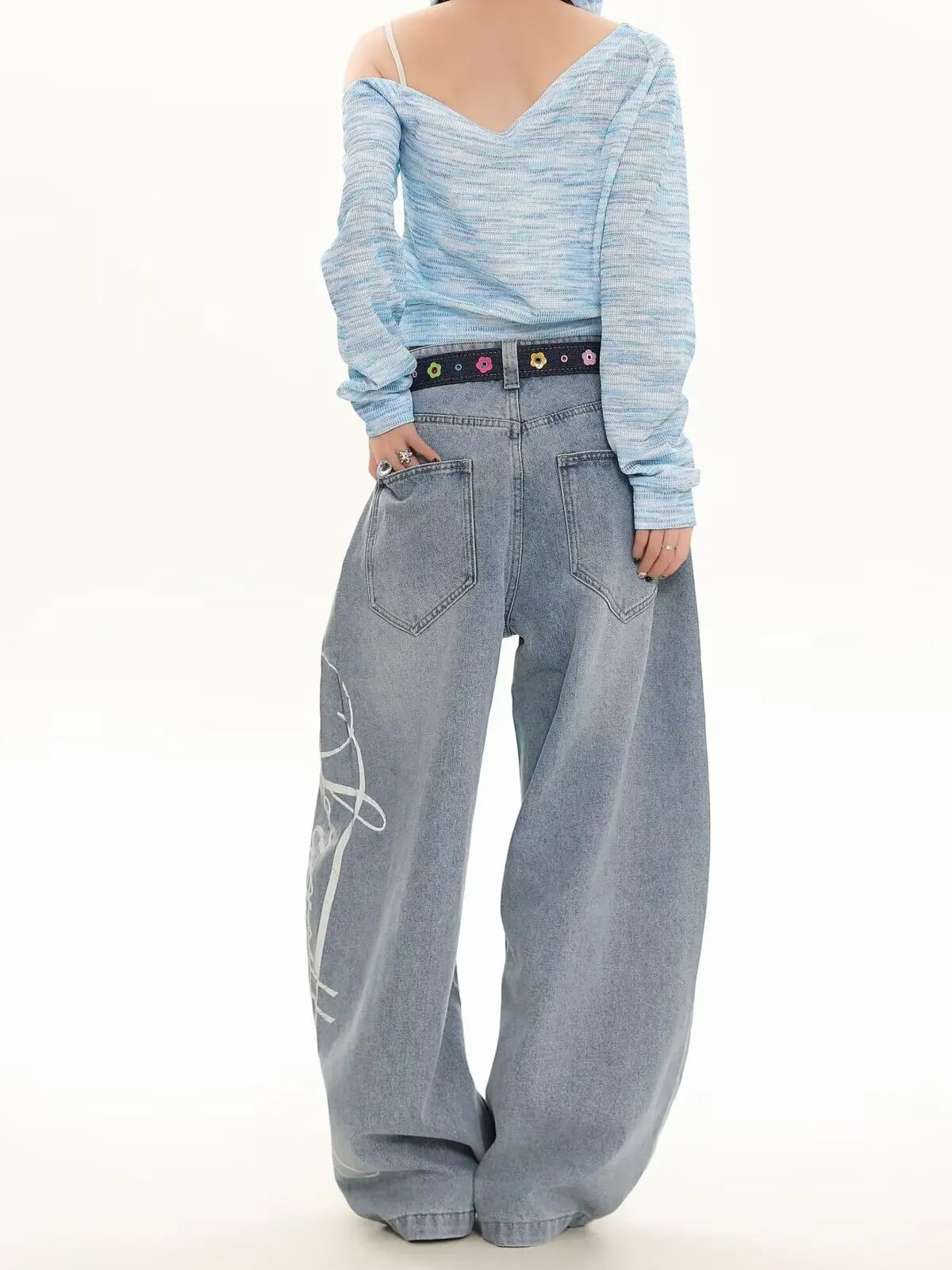 Blue Loose Wide Leg Jeans Women's Fashion High Waist Straight Cut Casual Trousers Autumn New Style Slimming Effect Cotton Pol...