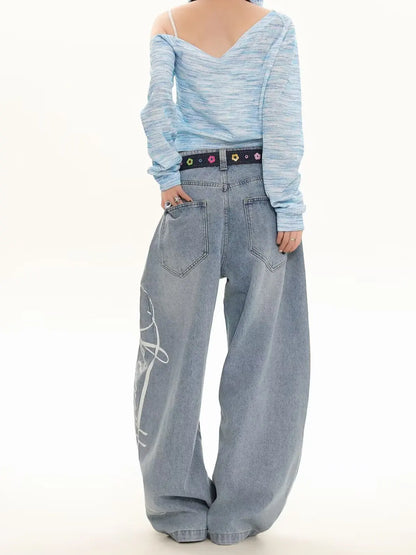 Blue Loose Wide Leg Jeans Women's Fashion High Waist Straight Cut Casual Trousers Autumn New Style Slimming Effect Cotton Pol...