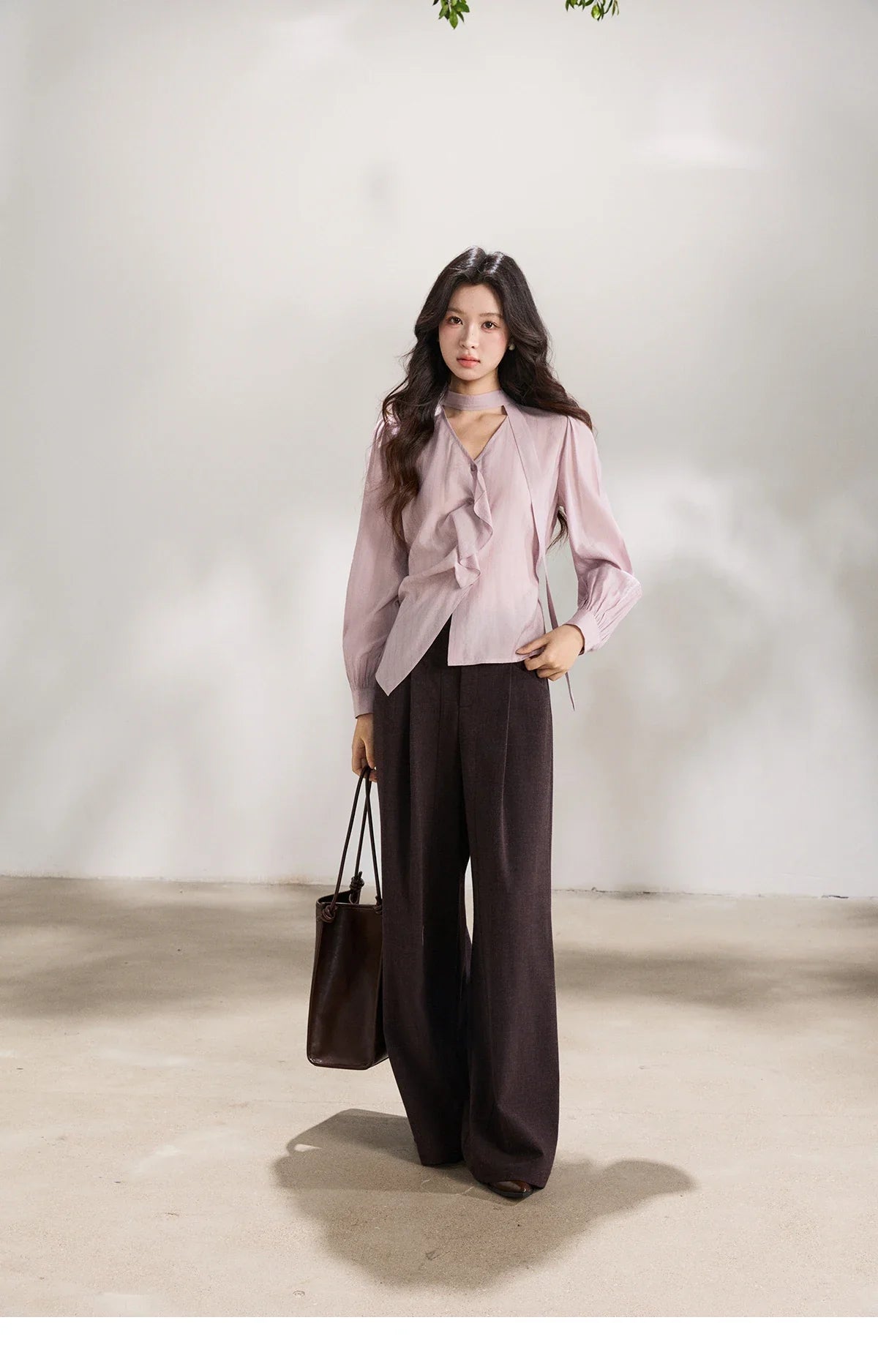 Women's Purple Sweet Shirts 2026 Spring Ribbon V-Neck Ruffled Asymmetrical Shirt Back Lace-up Waist Casual Top MXF13X2527