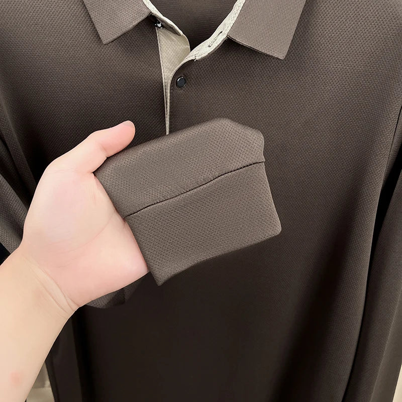 Men's High End Brand Print Solid Color Lapel Polo Shirt Autumn New Skin Friendly Long Sleeved T-shirt Fashion Versatile Menswear
