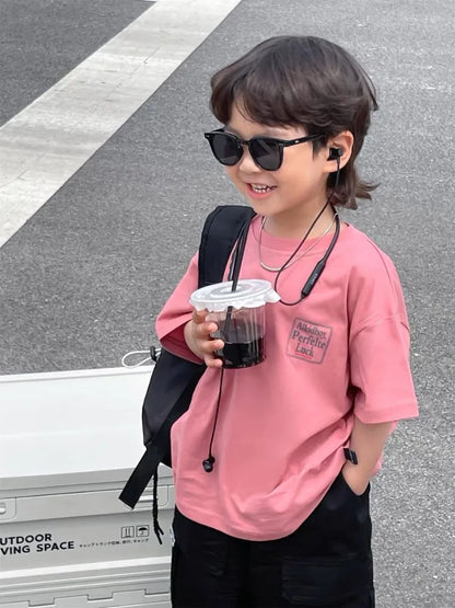 Japanese Style Boys 100% Pure Cotton T-Shirt 2026 Summer Kids Loose Comfortable Trendy Top