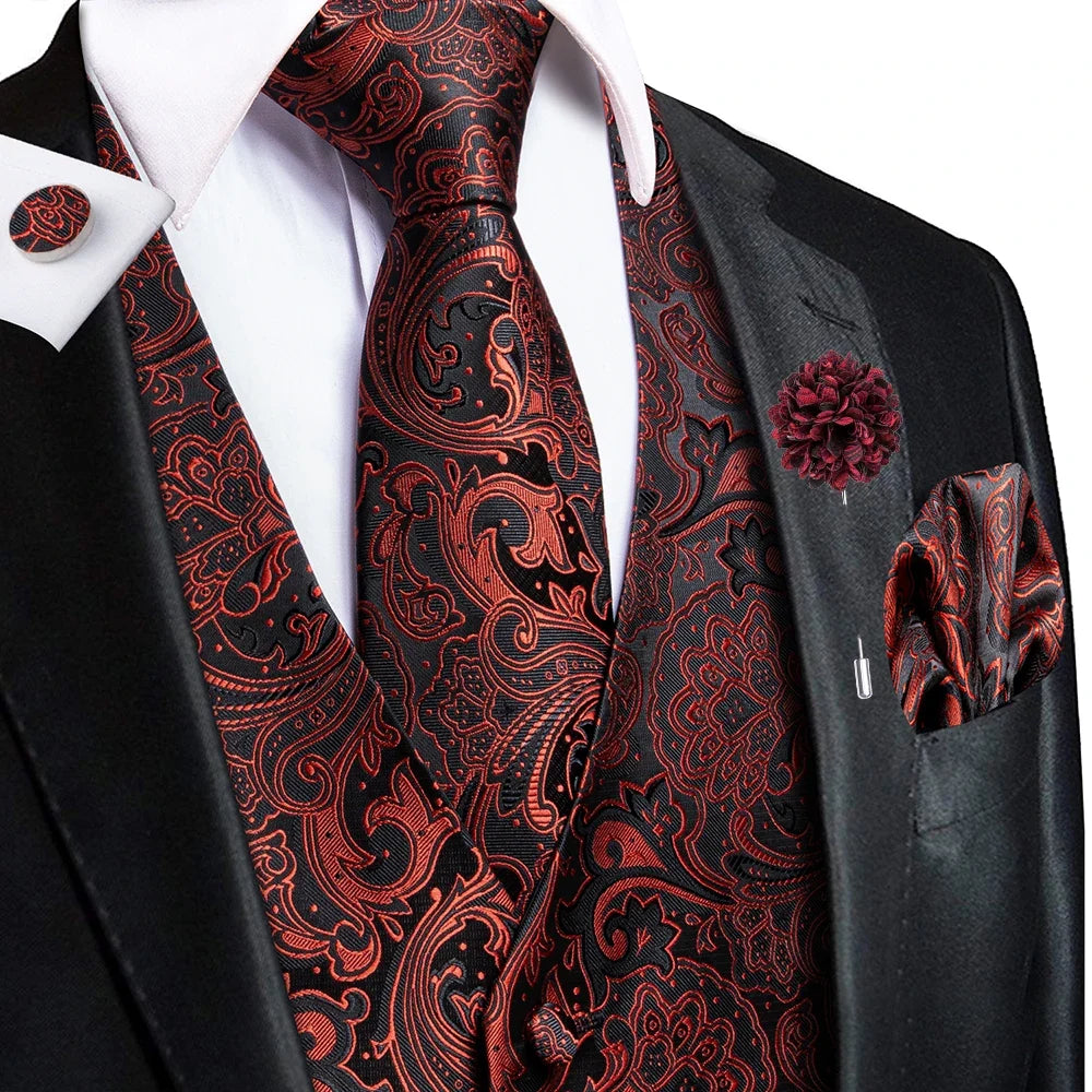 Luxury Gold Black Mens Vests Print Jacquard Waistcoat Tie Hanky Cufflinks Brooch Set for Men Wedding Formal Business Hi-Tie