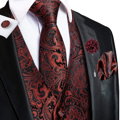 Luxury Gold Black Mens Vests Print Jacquard Waistcoat Tie Hanky Cufflinks Brooch Set for Men Wedding Formal Business Hi-Tie
