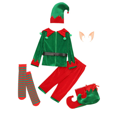 Boys Christmas Elf Costume Xmas Santa Clause Set with Shirt Pants Hat Elf Ears Belt Stockings Festivals New Year Fancy Dress Up