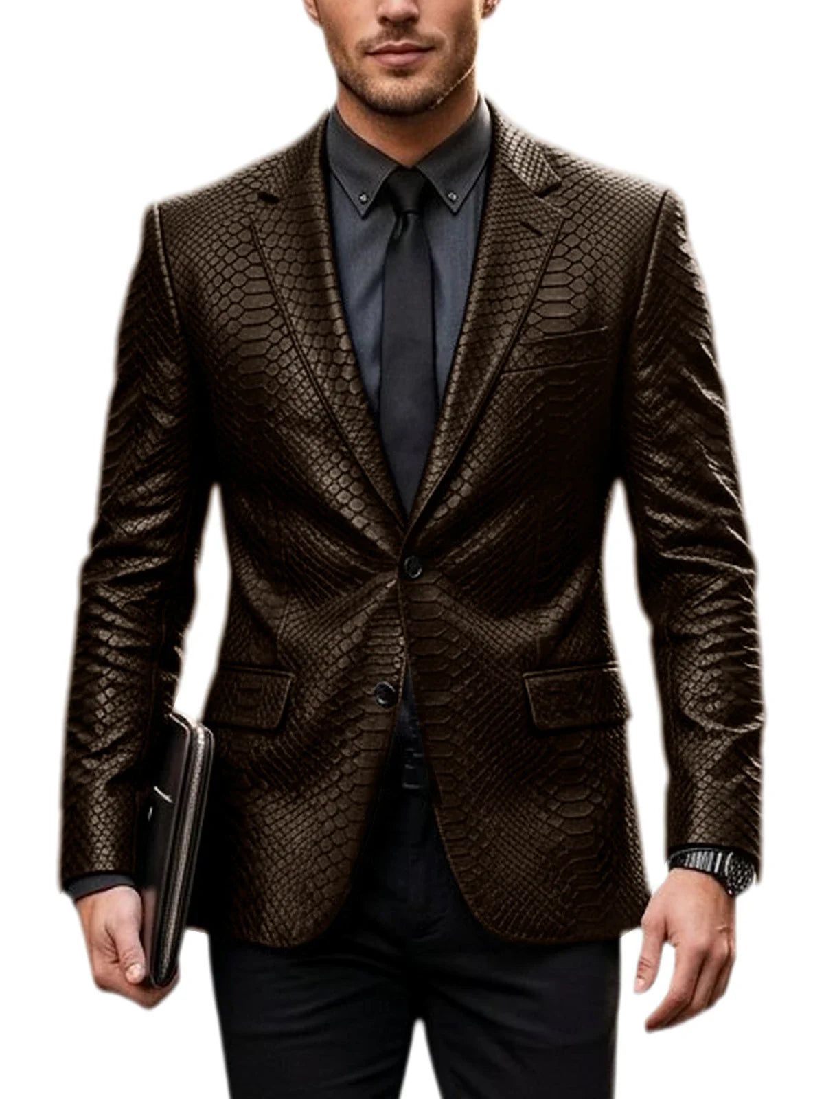 Men's Luxury Crocodile Pattern Leather Blazer Slim Fit Two Button Notch Lapel Suit Jacket Business Casual Wedding Tuxedo Dress