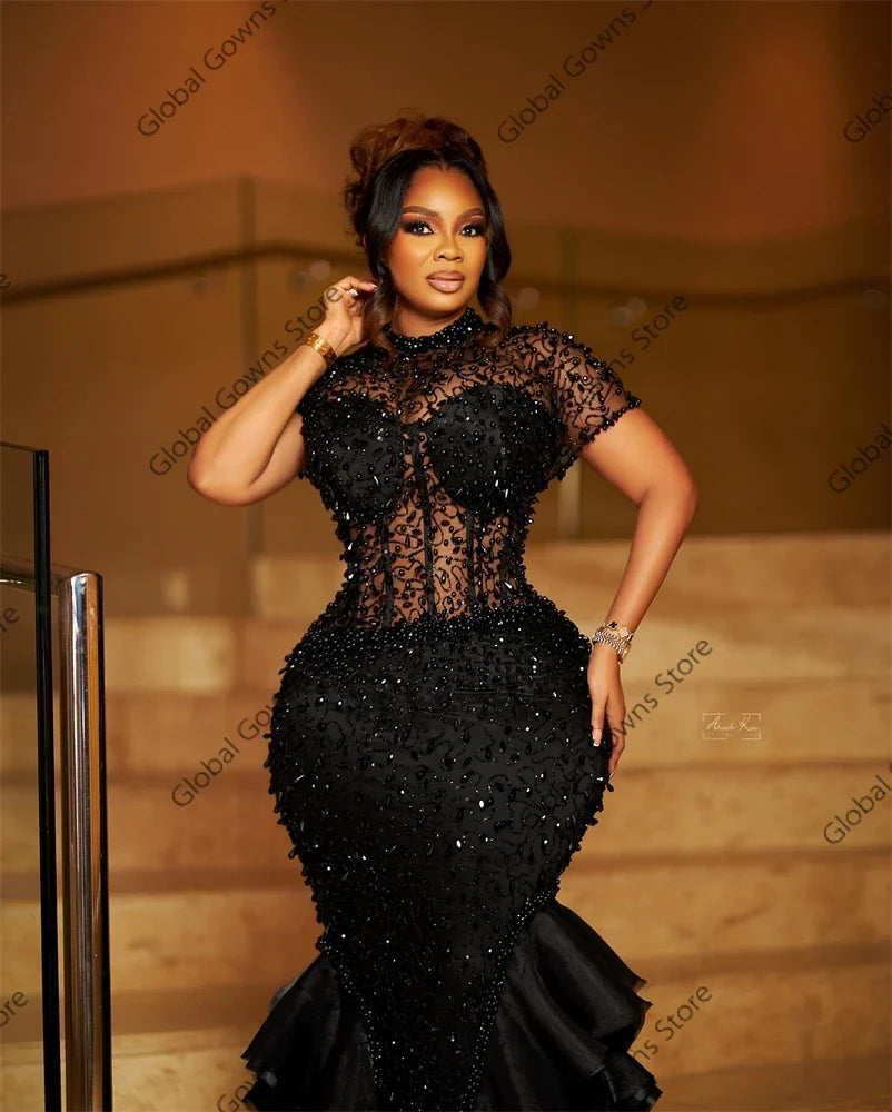 Sparkly Black Ruffles Aso Ebi Evening Dresses Bead Crystal 2024 Birthday Luxury Dress O Neck Mermaid Party Gown Customized