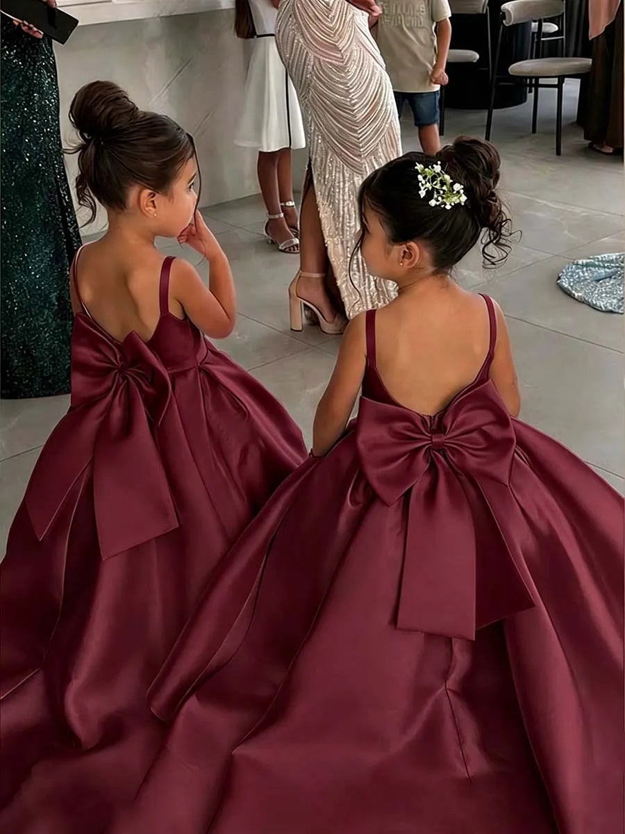 Simple Satin First Communion Dress With Bow Spaghetti Strap Backless Flower Girl Dress for Wedding 2-14 Kids Birthday Party Gown