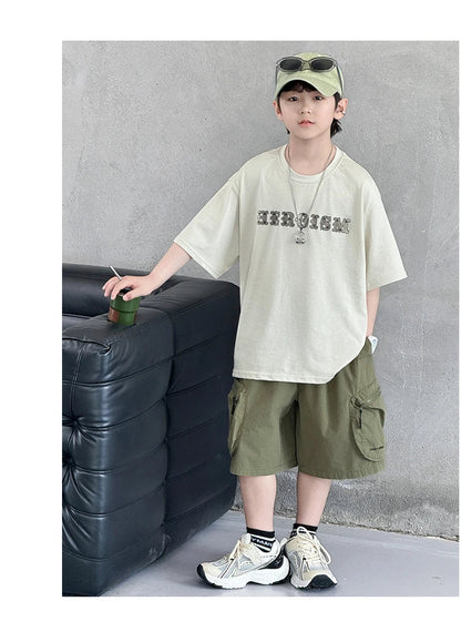 New Summer Korean Children Fashion Suit for Teen Boy Cotton Top And Bottom Set Kids Casual Tshirt Shorts 2PCS Clothing Set 7-16Y