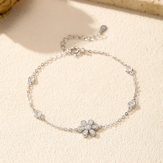 Bracelet élégant et simple en argent sterling 925 avec fleurs scintillantes et zircones cubiques transparentes, chaîne maillons pour femmes, bijoux fins