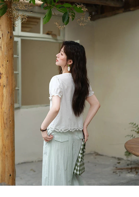100%Cotton Hollow Embroidery Round Neck Shirt for Women 2025 Summer Puff Sleeve Casual Top Women's Clothing MXE39X1938