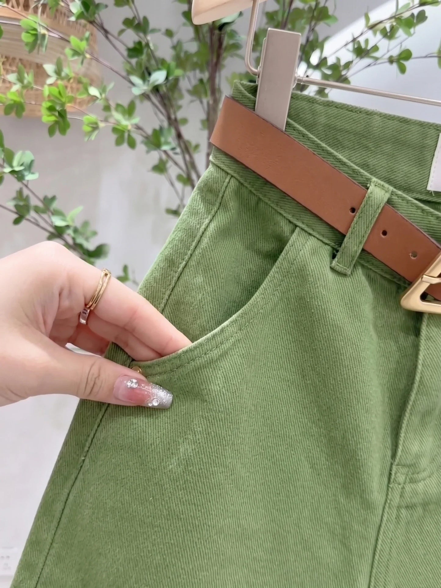 High Waist Wide Leg Jeans Green Matcha Women's Summer Loose Slimming Shorts Versatile Cotton Stretch Denim Casual High Waist