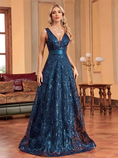 Luxury Sexy V-Neck Sequins Formal Evening Dress Long 2025 Women Elegant V-back Wedding Party Long Prom Cocktail Graduation Gown