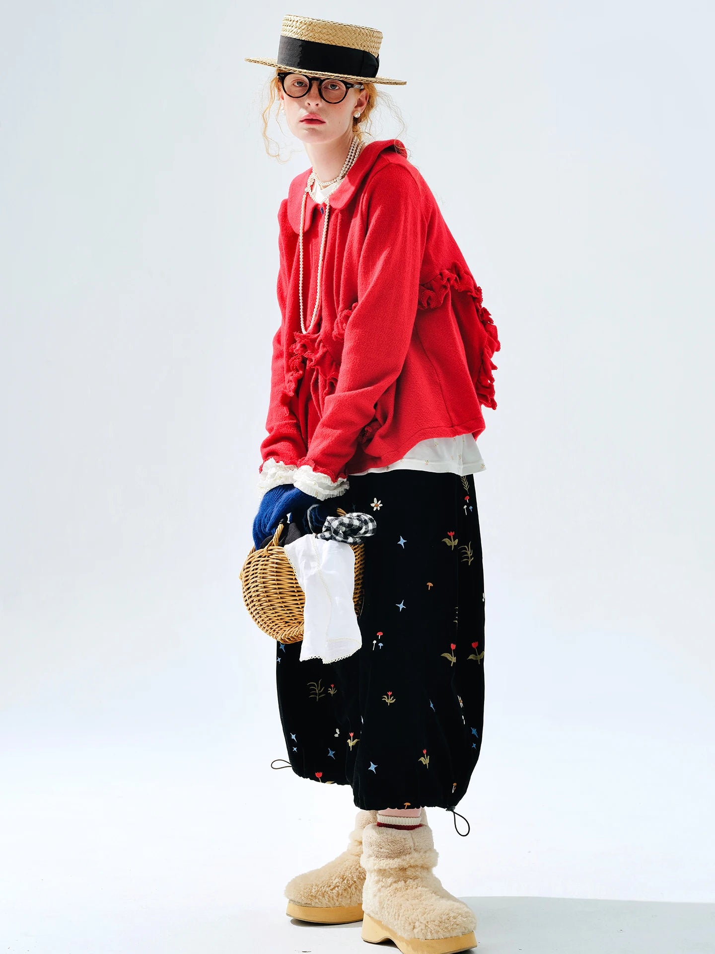 Embroidered Floral Midi Skirt, Vintage Velvet, Daily Outing, Mori - style Healing Vibe 255288