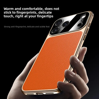 Original Leather Case For iPhone 17 PRO MAX Plating Genuine cowhide Lichee Pattern Lens Protection Shockproof Hard Phone Cover