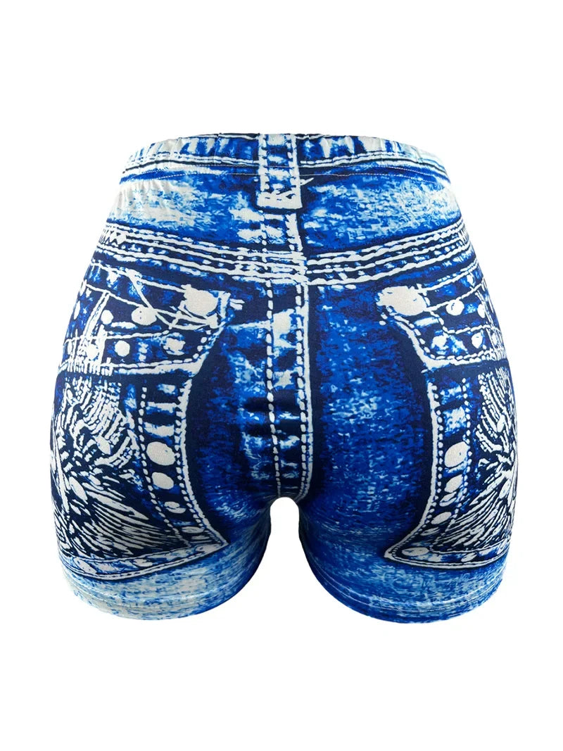 Women's Faux Denim Print High Stretch Slim Shorts, Versatile Yoga Shorts, Polyester Non-Denim Material