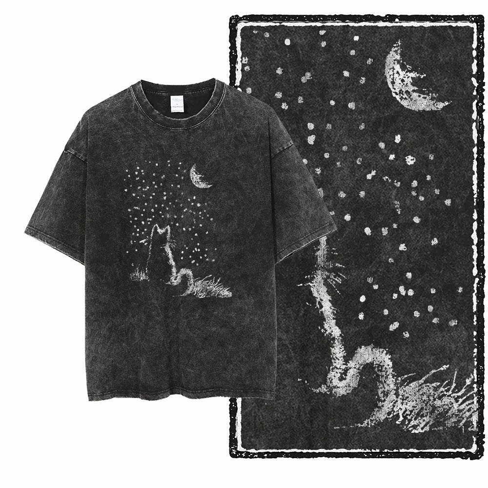 Cat Printed Cotton Acid Washed Exclusive Graphic Unisex T Shirt Cool Streetwear Men Tshirts Big Size Tee for Men