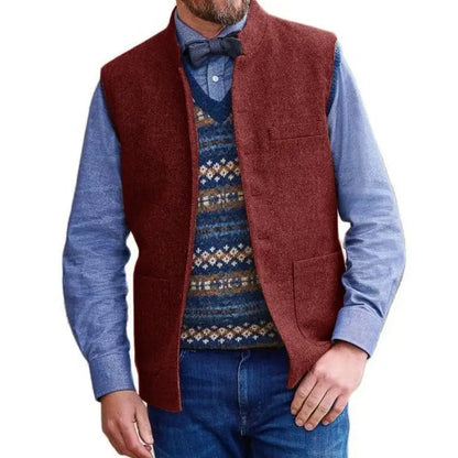 Men Vest Brown Herringbone Single Button Stand Collar Waistcoat For Wedding Business Banquet Work Daily Casual Men Suit Vest