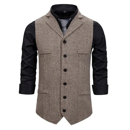 Men Vest Black Herringbone Single Button With Lapel Waistcoat For Wedding Banquet Business Office Work Casual Men Suit Vest