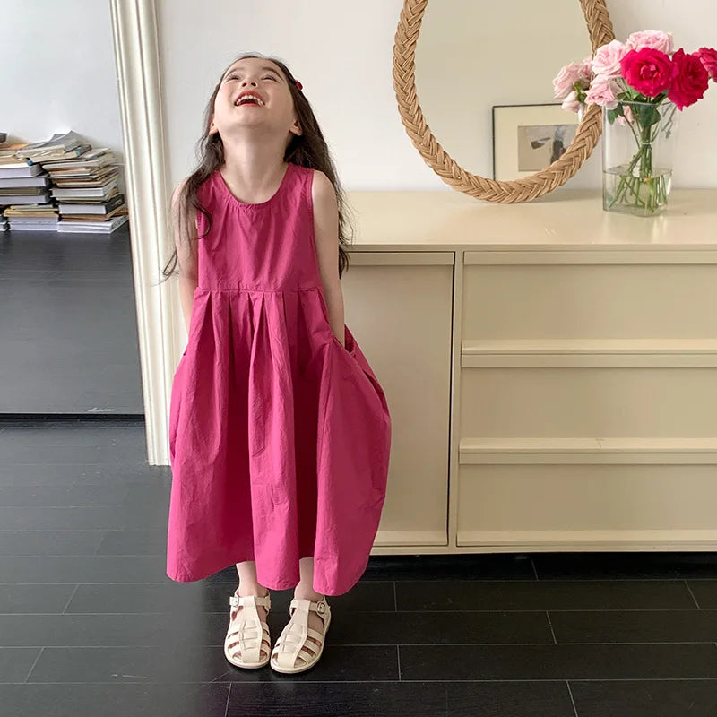 2026 New Summer Children Girls Sleeveless Dress Teen Solid Color Cotton Loose Casual Sundress Kids Vacation Style Princess Dress