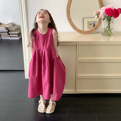 2026 New Summer Children Girls Sleeveless Dress Teen Solid Color Cotton Loose Casual Sundress Kids Vacation Style Princess Dress