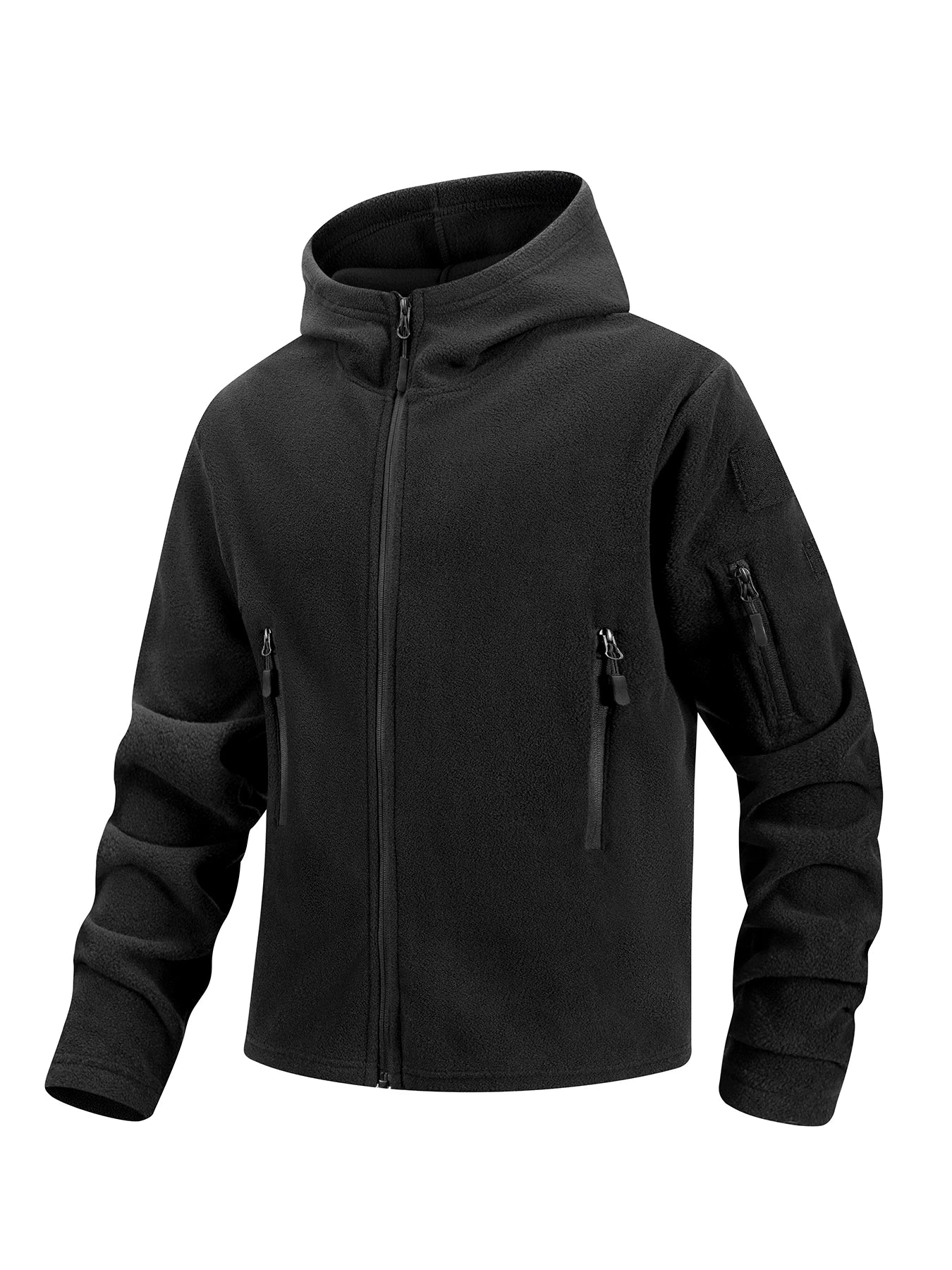 Men's Hiking Tactical Fleece Full Zip Hooded Jacket Multi-Zipper Pockets Design Autumn Winter Warm Outdoor Sports Coat for Men