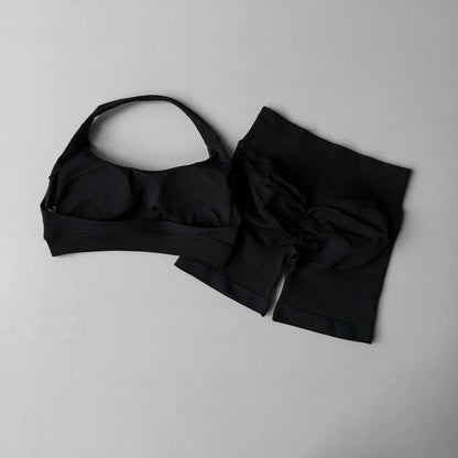 2pcs Sexy Halter Neck Beautiful Back High Waist Peach Sports Bras Set Suit Pilates Gathering Training Yoga Vest Fitness Bra