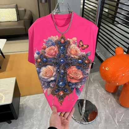 2025 Spring New Loose Chic Tees Round Neck Short Sleeve Hot Diamond T-Shirts Men's Fashion Versatile Casual Quality Trendy Tops